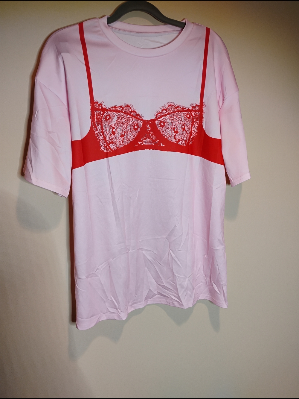 Soft Pink Sleep Tee with Red Lace Bra Print